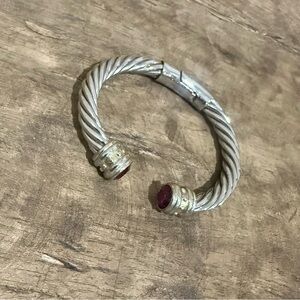 Designer Inspired Cable Bracelet Silver and Gold Toned with Fuchsia Accents